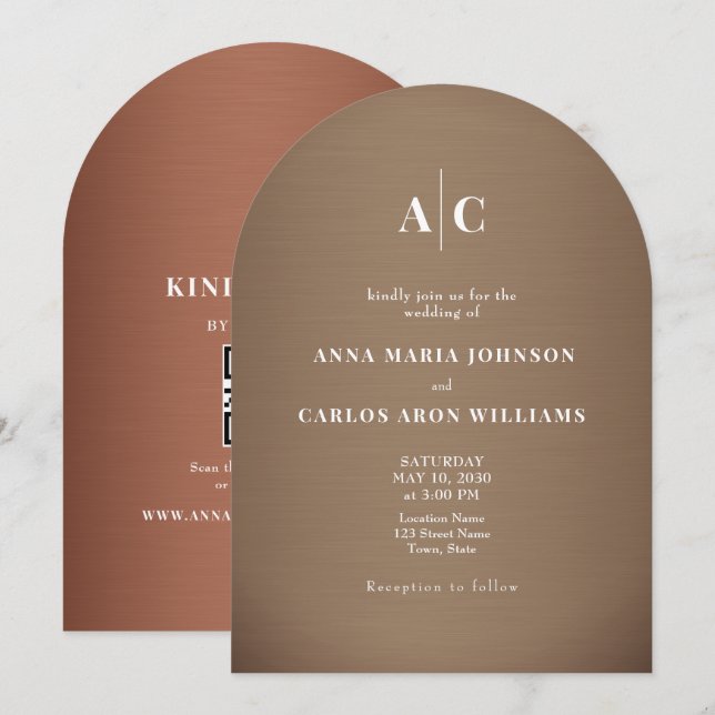 Copper Brown Arched QR Code Wedding Invitation (Front/Back)