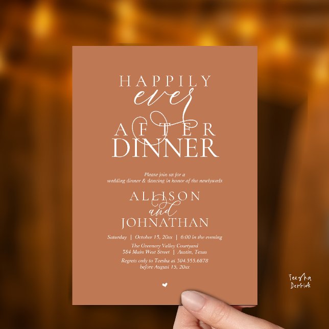 Copper Brown Happily Ever After Dinner Wedding Invitation (Terracotta Copper Happily Ever After Dinner Modern Script Wedding Invitation Card)