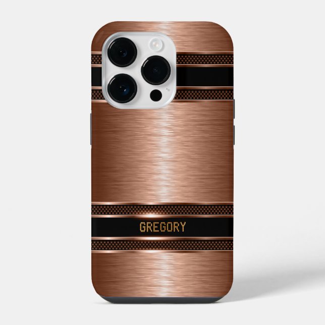 Copper Brown Tones Metallic Texture Monogram iPhone Case (Back)
