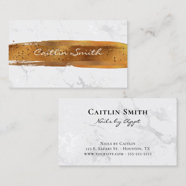 Copper Brush Stroke Silver White Foil Marble Business Card (Front/Back)