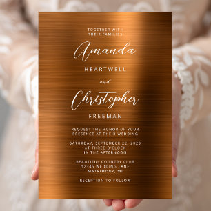 Copper Brushed Metal Script Wedding Invitation