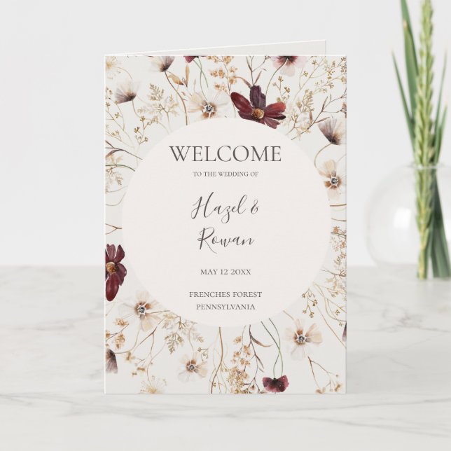 Copper Burgundy Wildflower | Beige Folded Wedding Programme (Front)