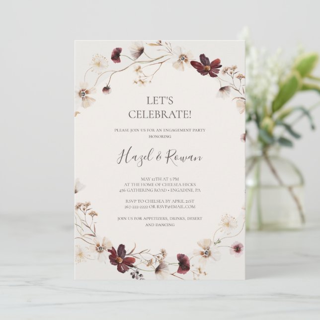Copper Burgundy Wildflower | Beige Let's Celebrate Invitation (Standing Front)