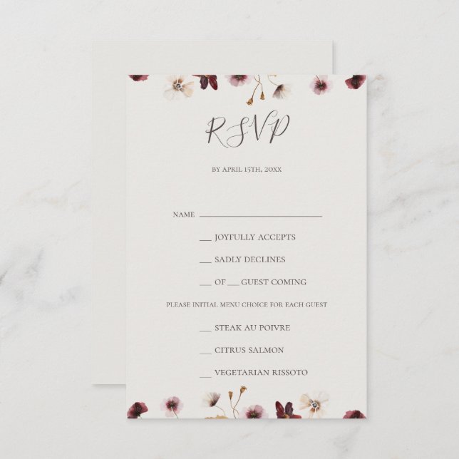 Copper Burgundy Wildflower Beige Menu Choice RSVP (Front/Back)