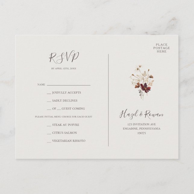 Copper Burgundy Wildflower Beige Menu Choice RSVP Postcard (Back)