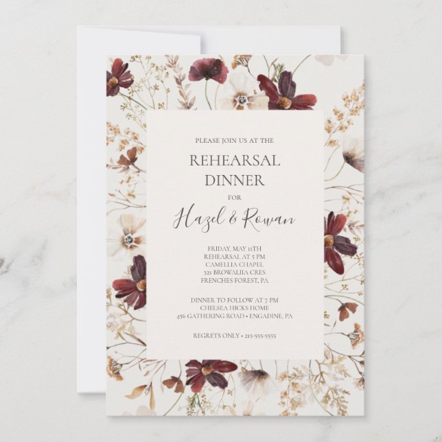 Copper Burgundy Wildflower Beige Rehearsal Dinner Invitation (Front)