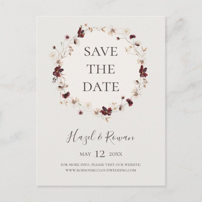 Copper Burgundy Wildflower | Beige Save The Date  Invitation Postcard (Front)