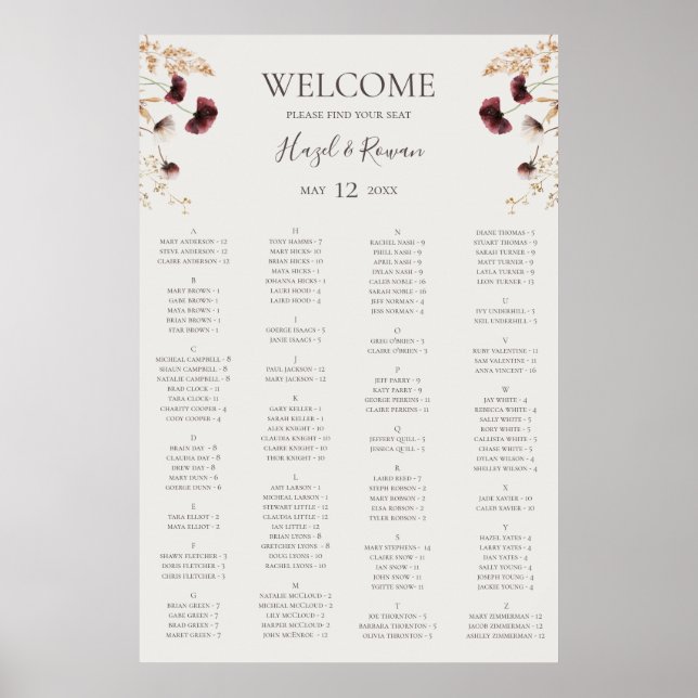 Copper Burgundy Wildflower | Beige Seating Chart (Front)