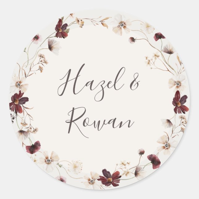Copper Burgundy Wildflower | Beige Wedding Classic Round Sticker (Front)