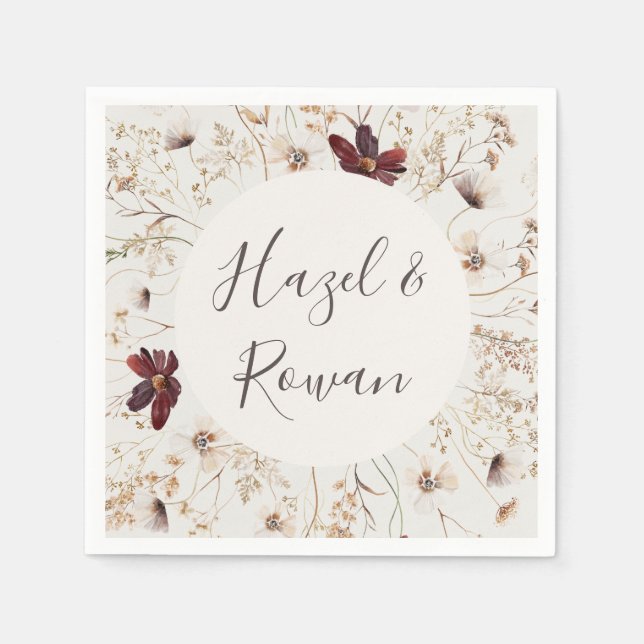 Copper Burgundy Wildflower | Beige Wedding Napkin (Front)