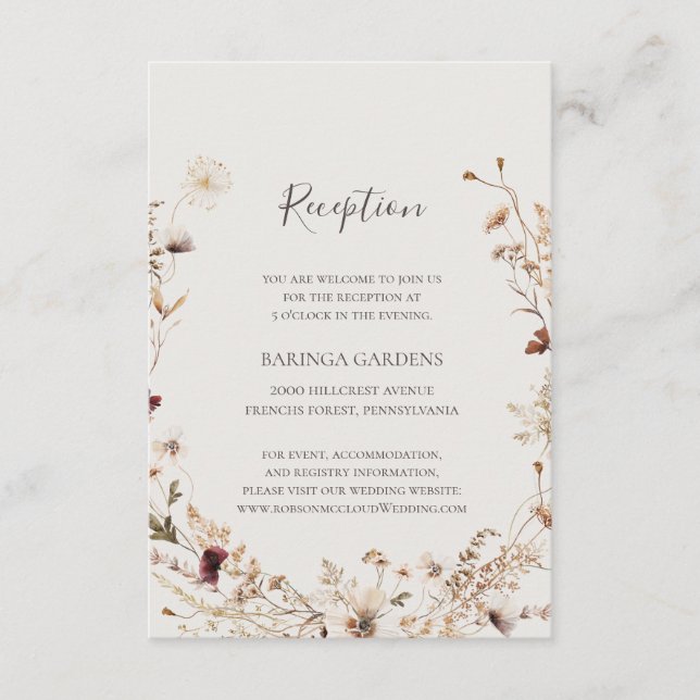 Copper Burgundy Wildflower Beige Wedding Reception Enclosure Card (Front)