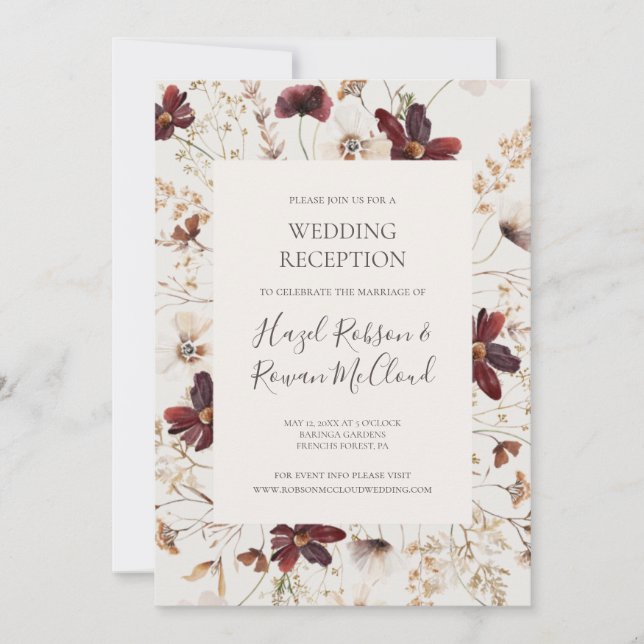 Copper Burgundy Wildflower Beige Wedding Reception Invitation (Front)