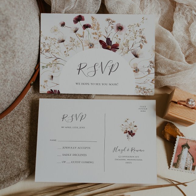 Copper Burgundy Wildflower | beige Wedding RSVP Postcard (Creator Uploaded)