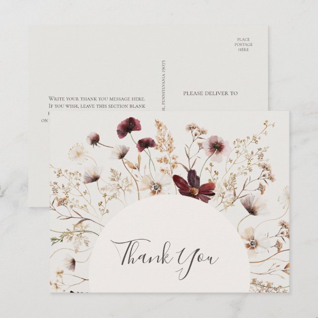 Copper Burgundy Wildflower Beige Wedding Thank You Postcard (Front/Back)