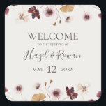 Copper Burgundy Wildflower | Beige Wedding Welcome Square Sticker<br><div class="desc">This copper burgundy wildflower | beige wedding welcome square sticker is perfect for your classic rustic boho rust, white, marsala wedding. Design features a bohemian wreath or bouquet of modern watercolor purple, red, grey, and blush pink wildflowers along with burnt orange and gold greenery. Featured in the design are poppies...</div>