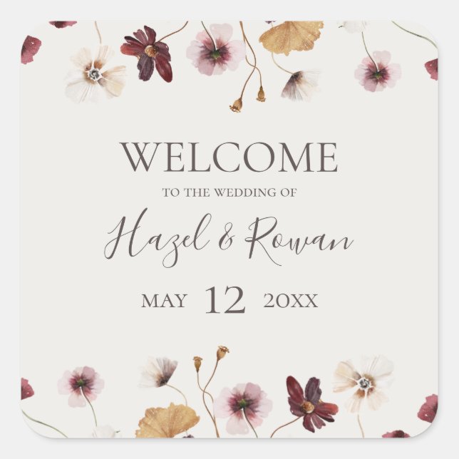 Copper Burgundy Wildflower | Beige Wedding Welcome Square Sticker (Front)