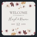 Copper Burgundy Wildflower | Beige Wedding Welcome Square Sticker<br><div class="desc">This copper burgundy wildflower | beige wedding welcome square sticker is perfect for your classic rustic boho rust, white, marsala wedding. Design features a bohemian wreath or bouquet of modern watercolor purple, red, grey, and blush pink wildflowers along with burnt orange and gold greenery. Featured in the design are poppies...</div>