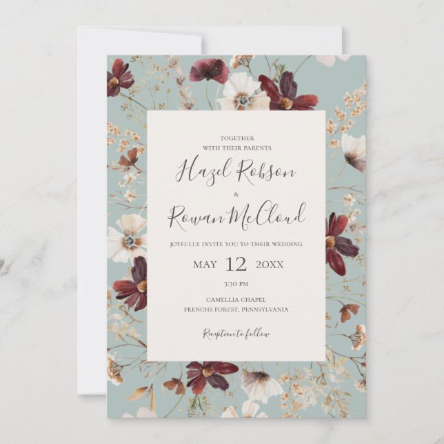 Copper Burgundy Wildflower | Light Teal All In One Invitation (Front)