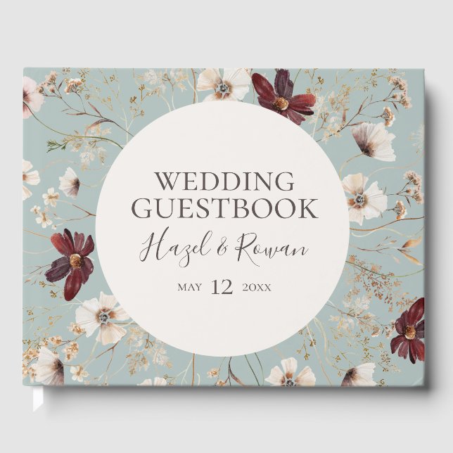 Copper Burgundy Wildflower | Light Teal Wedding Guest Book (Front)