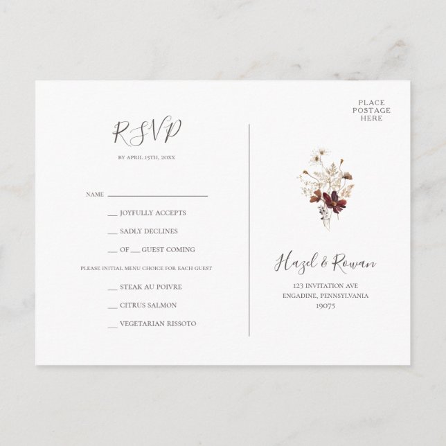 Copper Burgundy Wildflower Menu Choice RSVP Card (Back)