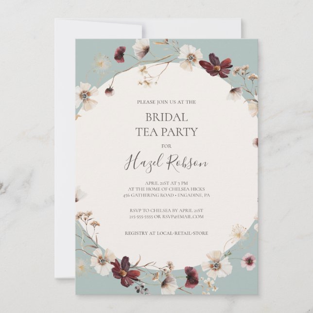 Copper Burgundy Wildflower | Teal Bridal Tea Party Invitation (Front)