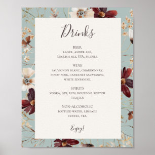 Copper Burgundy Wildflower   Teal Drinks Menu Sign