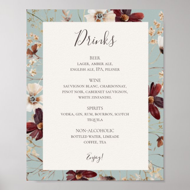Copper Burgundy Wildflower | Teal Drinks Menu Sign (Front)