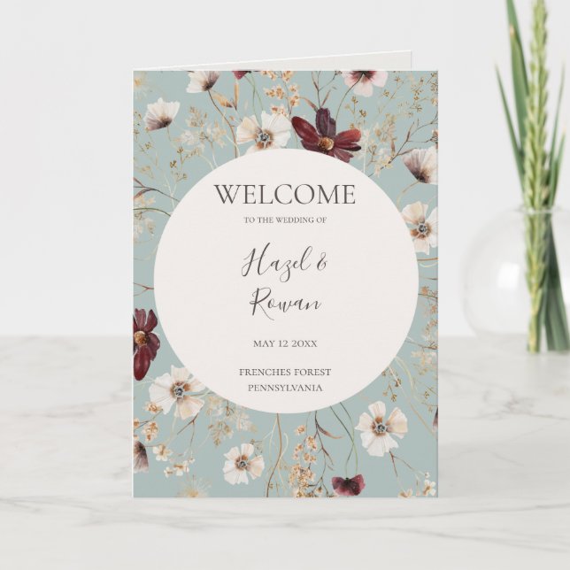 Copper Burgundy Wildflower | Teal Folded Wedding Programme (Front)