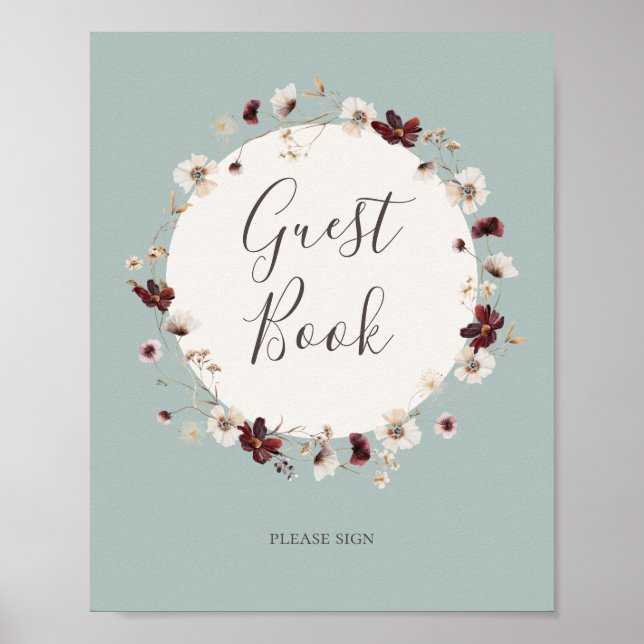 Copper Burgundy Wildflower | Teal Guest Book Sign (Front)