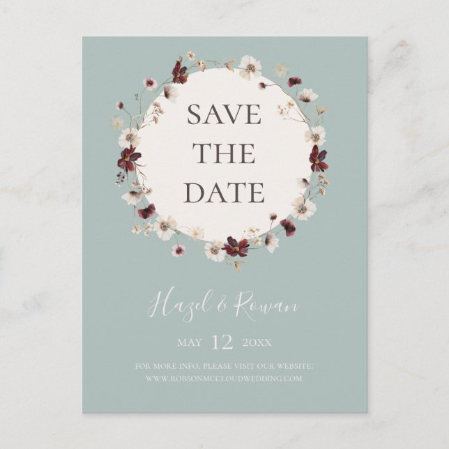 Copper Burgundy Wildflower | Teal Save The Date Invitation Postcard (Front)