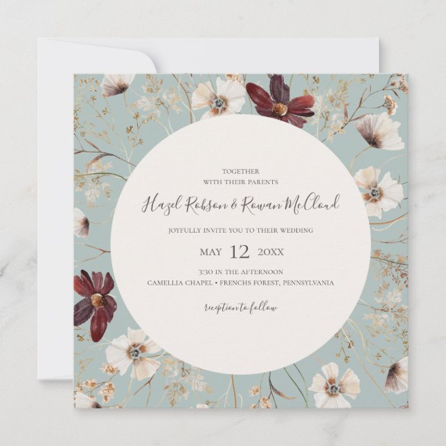 Copper Burgundy Wildflower | Teal Square Wedding Invitation (Front)