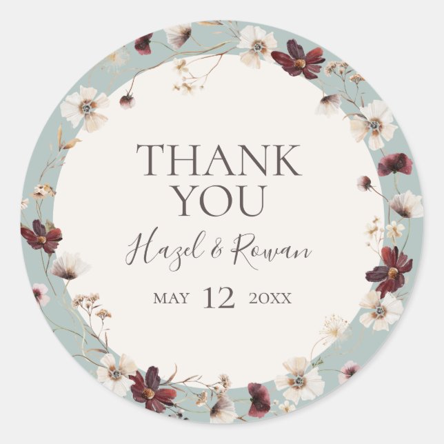 Copper Burgundy Wildflower | Teal Thank You Favour Classic Round Sticker (Front)