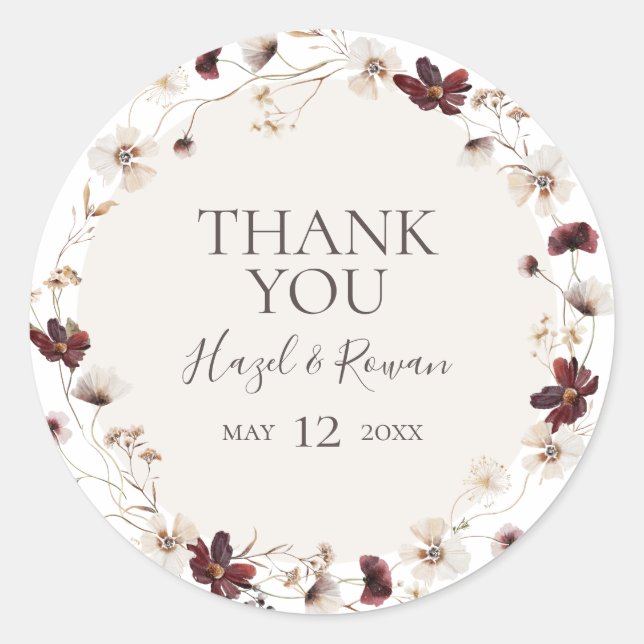 Copper Burgundy Wildflower | Thank You Favour Classic Round Sticker (Front)