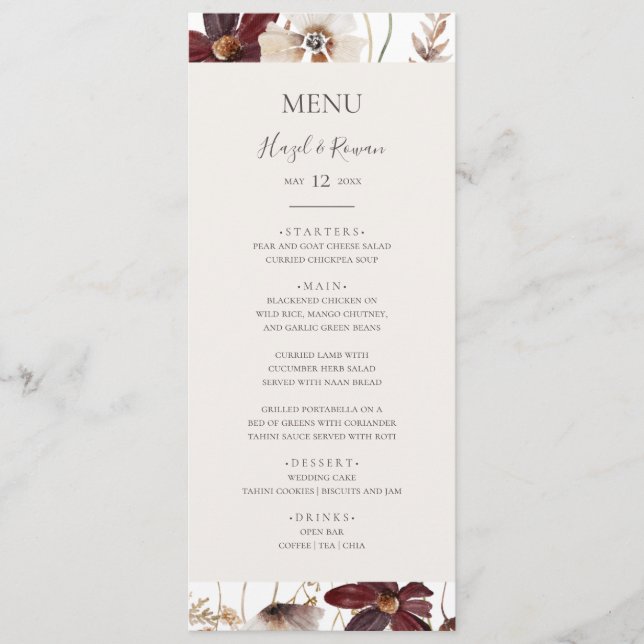 Copper Burgundy Wildflower | Wedding Dinner Menu (Front)
