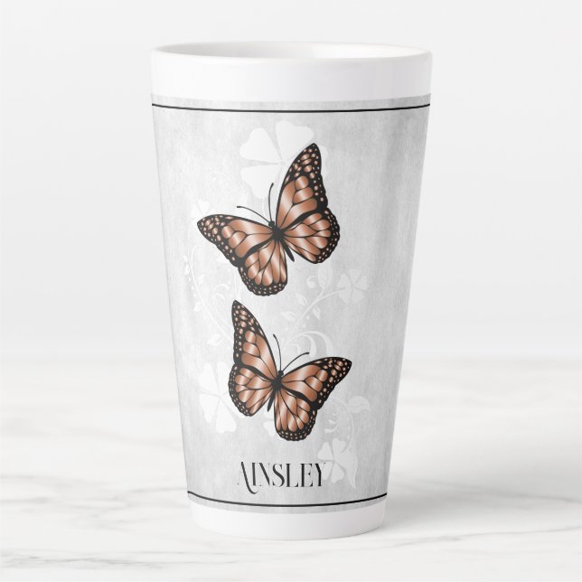Copper Butterfly Floral Personalised Latte Mug (Front)