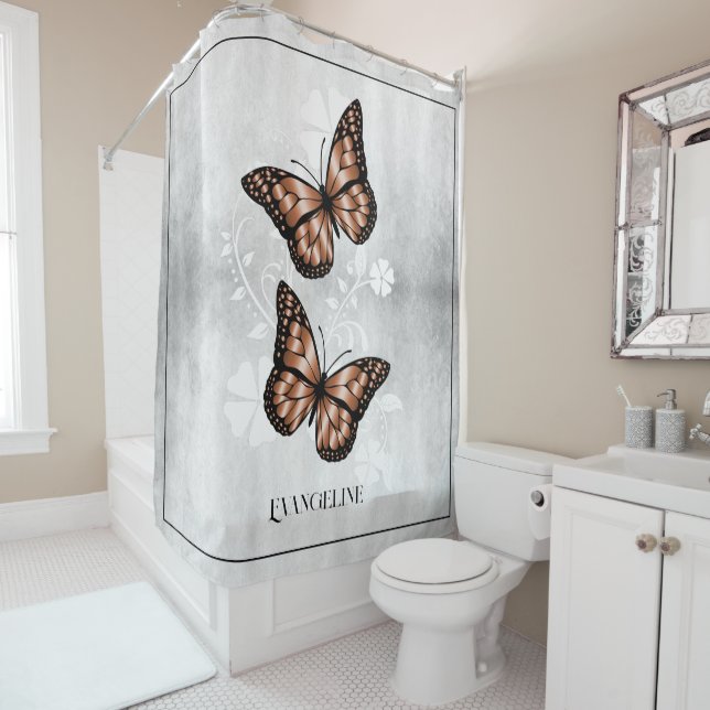 Copper Butterfly Floral Shower Curtain (In Situ)
