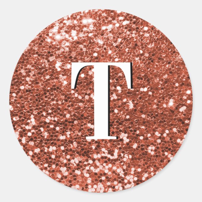 Copper Chunky Glitter Monogrammed Classic Round Sticker (Front)