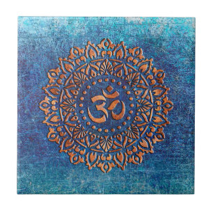 Copper Colour Ohm Symbol Mandala on Blue backgroun Tile