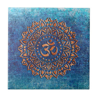 Copper Colour Ohm Symbol Mandala on Blue backgroun Tile