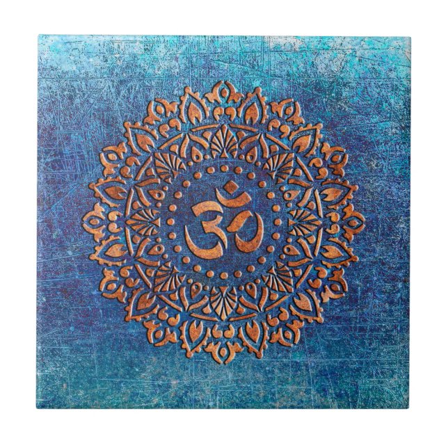 Copper Colour Ohm Symbol Mandala on Blue backgroun Tile (Front)