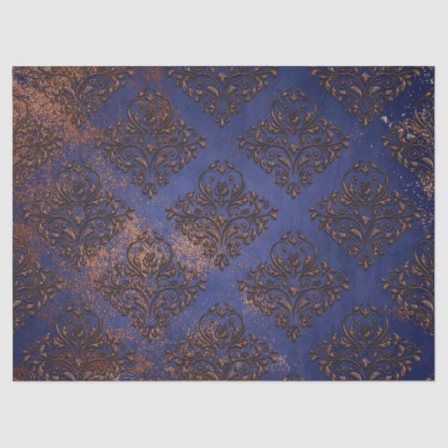 Copper Damask on Purple Blue Decoupage Tissue Paper (Front)