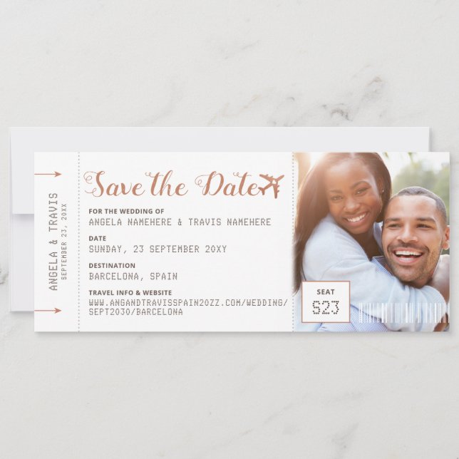 Copper Destination Photo Boarding Pass Save Date (Front)