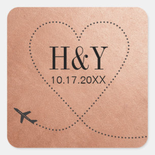 Copper Destination Travel Wedding Plane Monogram Square Sticker