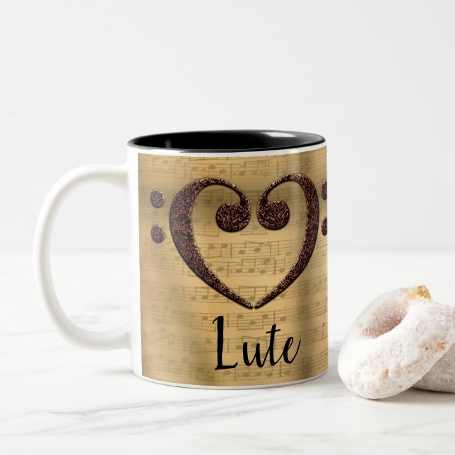 Copper Double Bass Clef Heart Lute Two-Tone Coffee Mug (With Donut)