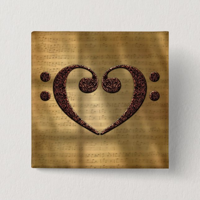 Copper Double Bass Clef Heart Music Lover 15 Cm Square Badge (Front)