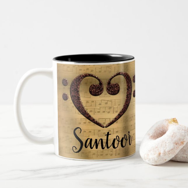 Copper Double Bass Clef Heart Santoor Two-Tone Coffee Mug (With Donut)