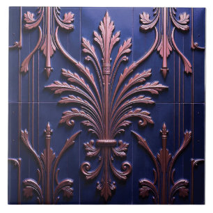 Copper Fleur on Indigo Tile
