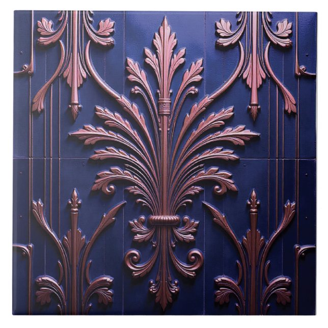 Copper Fleur on Indigo Tile (Front)