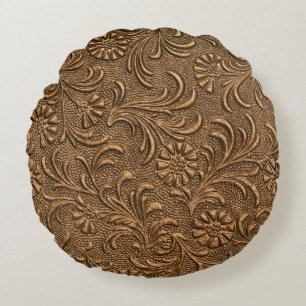 Copper Floral: Embossed Panel Art. Round Cushion
