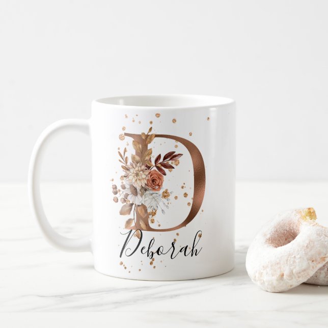 Copper Floral Letter D Monogram Coffee Mug (With Donut)